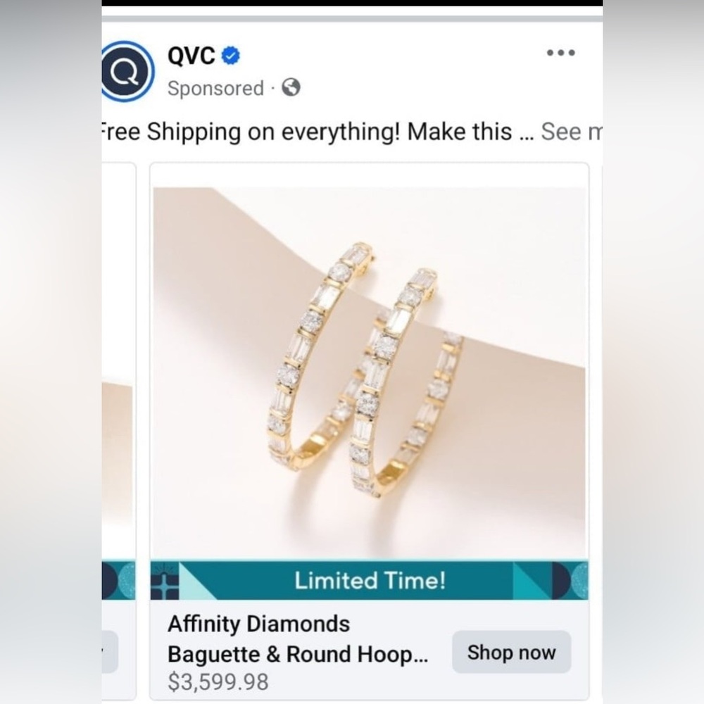 QVC Affinity Diamonds Baguette & Round 3 cttw. Hoops inside outside Earrings 14k